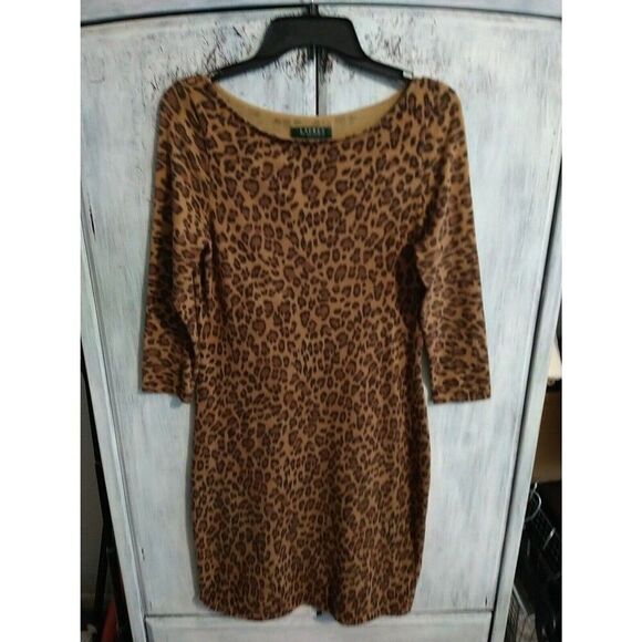 Lauren Ralph Lauren Leopard Print Sweater Dress Medium Boho Cottagecore Classic - Picture 1 of 8